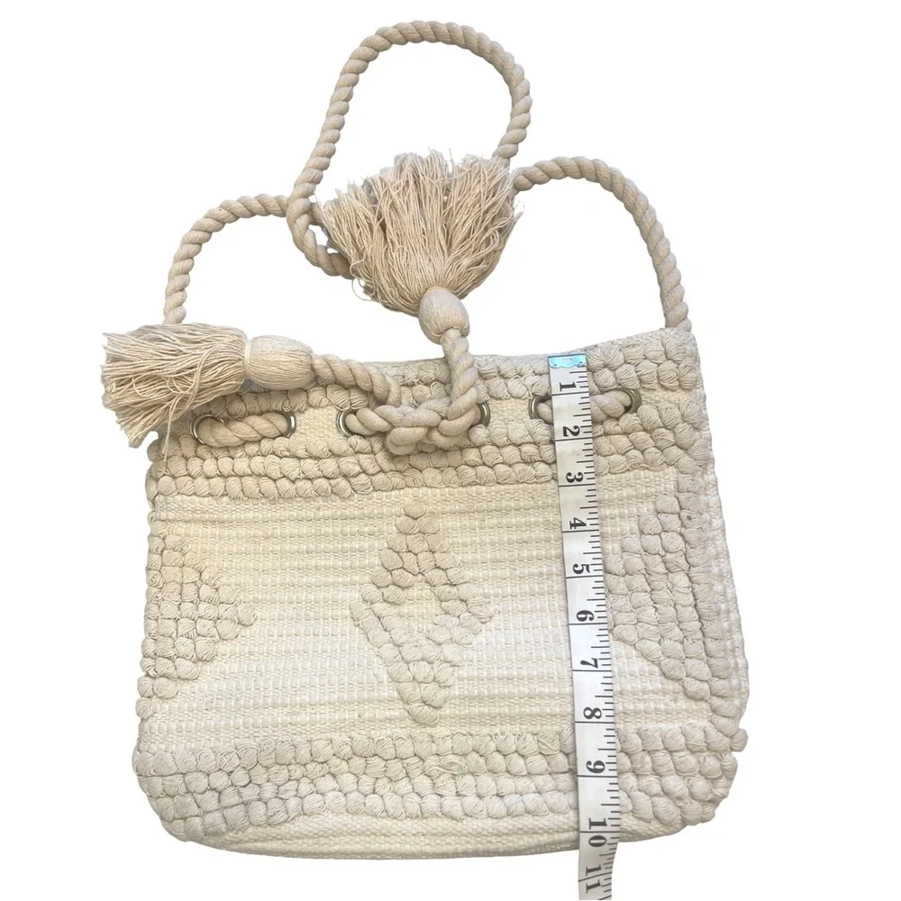Forever 21 Boho Woven Macrame Crossbody Bag - Cream/Ivory with Tassels